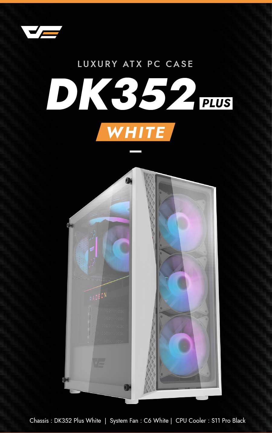 DarkFlash DK352 Plus ATX PC Case, With 4 ARGB Fans, WHITE