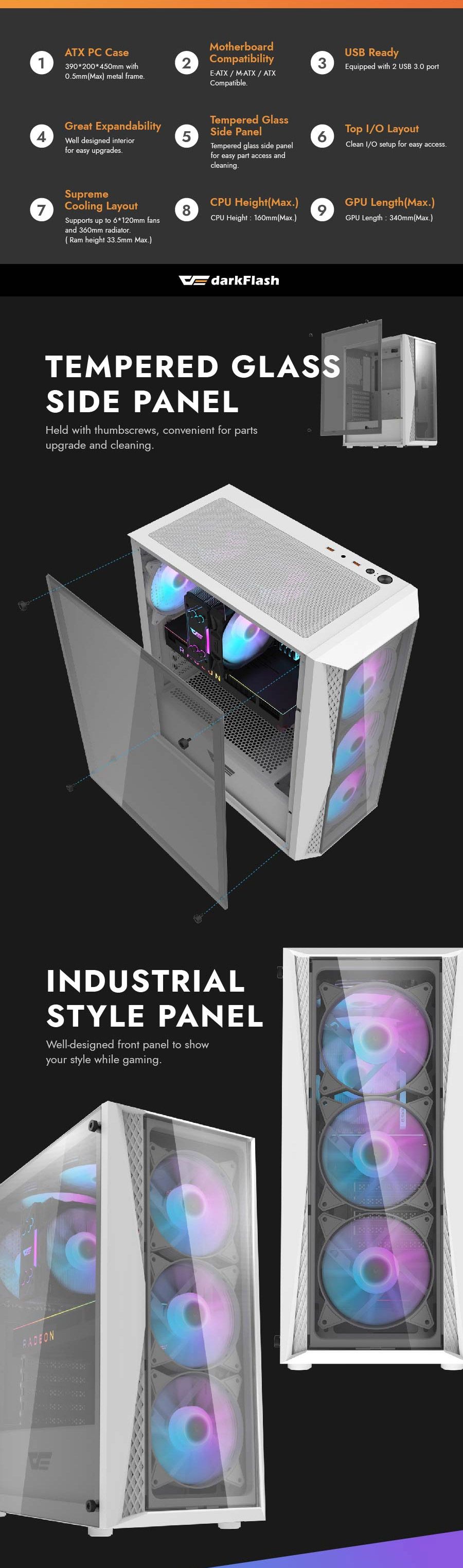 DarkFlash DK352 Plus ATX PC Case, With 4 ARGB Fans, WHITE