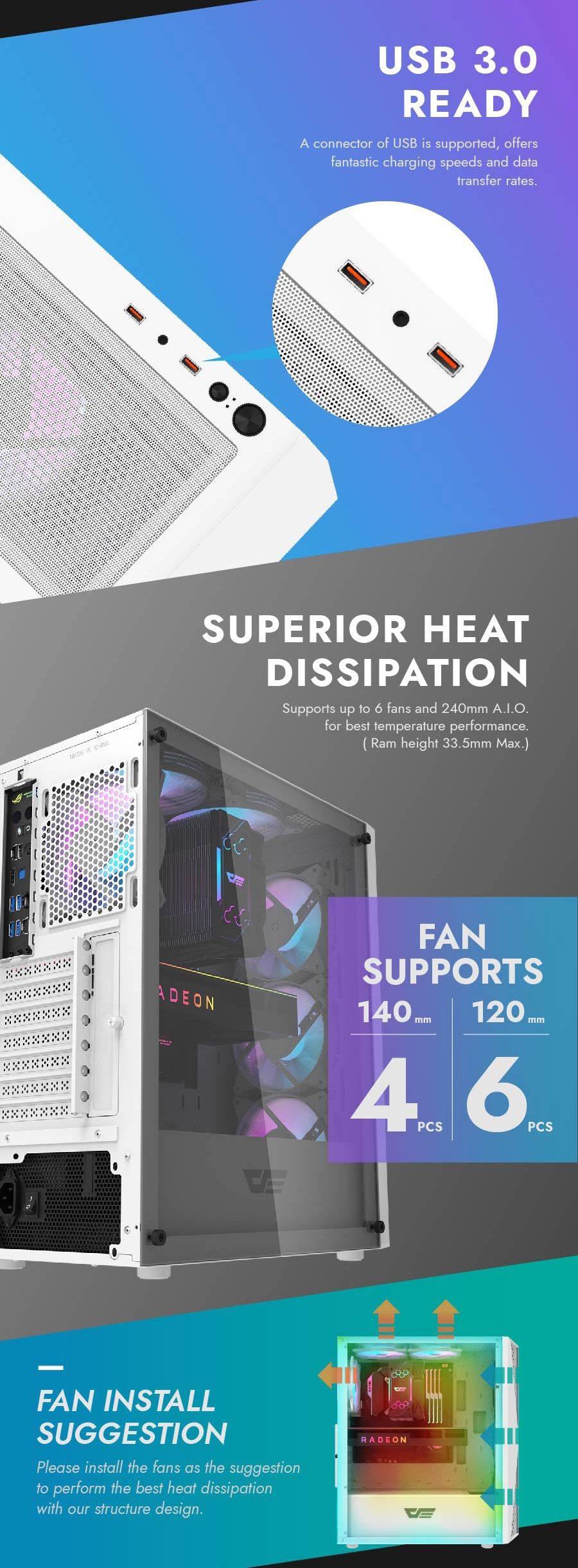 DarkFlash DK352 Plus ATX PC Case, With 4 ARGB Fans, WHITE