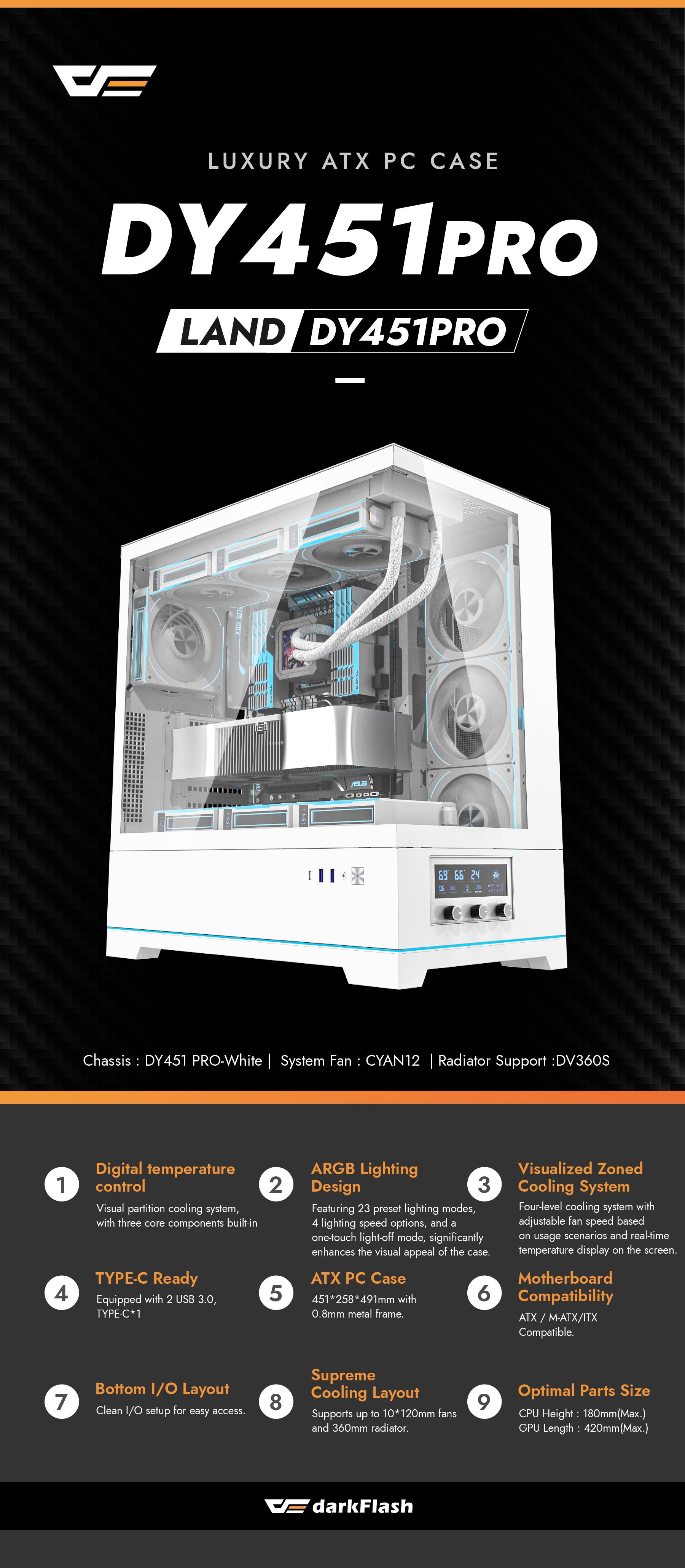 DarkFlash DY451 Pro ATX PC Case, WHITE