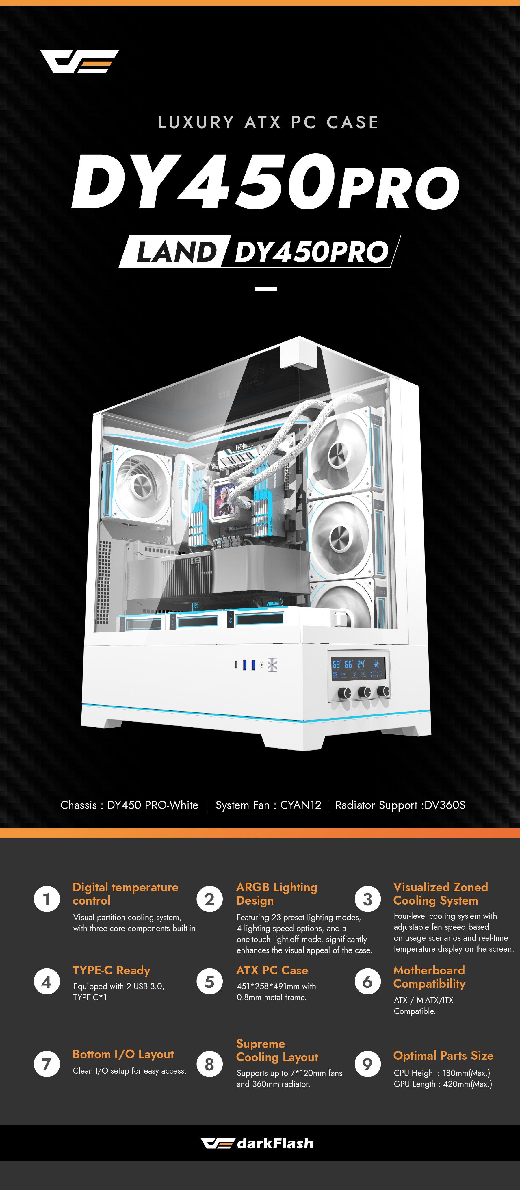 DarkFlash DY450 Pro ATX PC Case, WHITE DarkFlash DY450 Pro ATX PC Case, WHITE